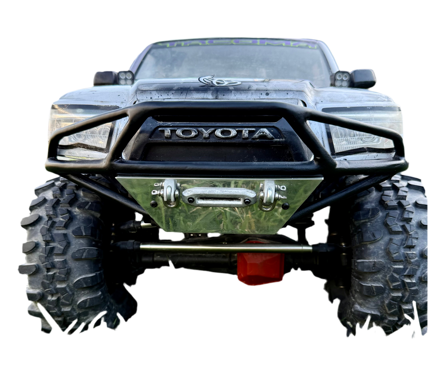Bumper for Axial SCX6  powder coated solid steel with polished aluminum skid plate front prerunner style bumper with d ring mounts and fairlead opening