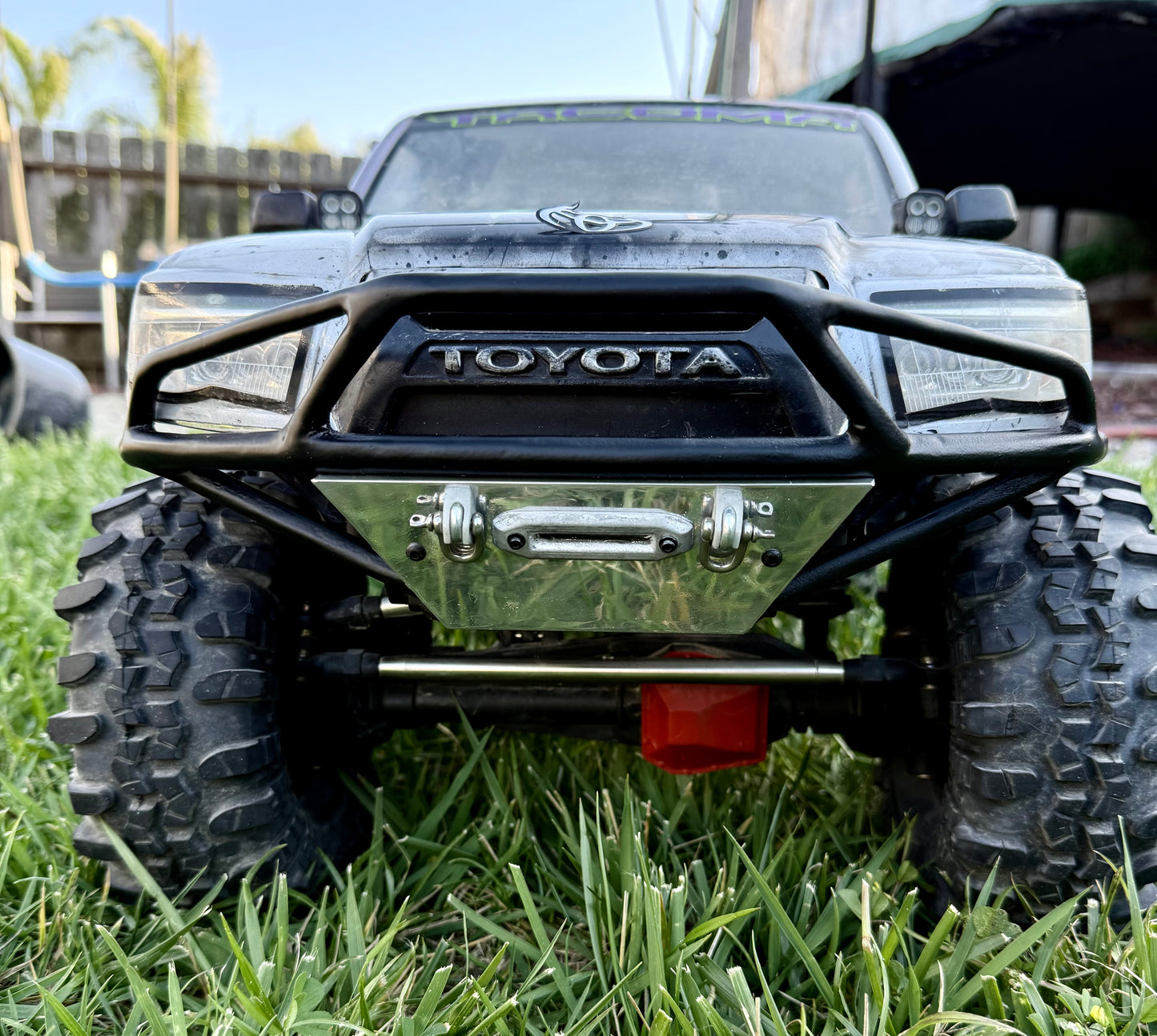 Bumper for Axial SCX6  powder coated solid steel with polished aluminum skid plate front prerunner style bumper with d ring mounts and fairlead opening