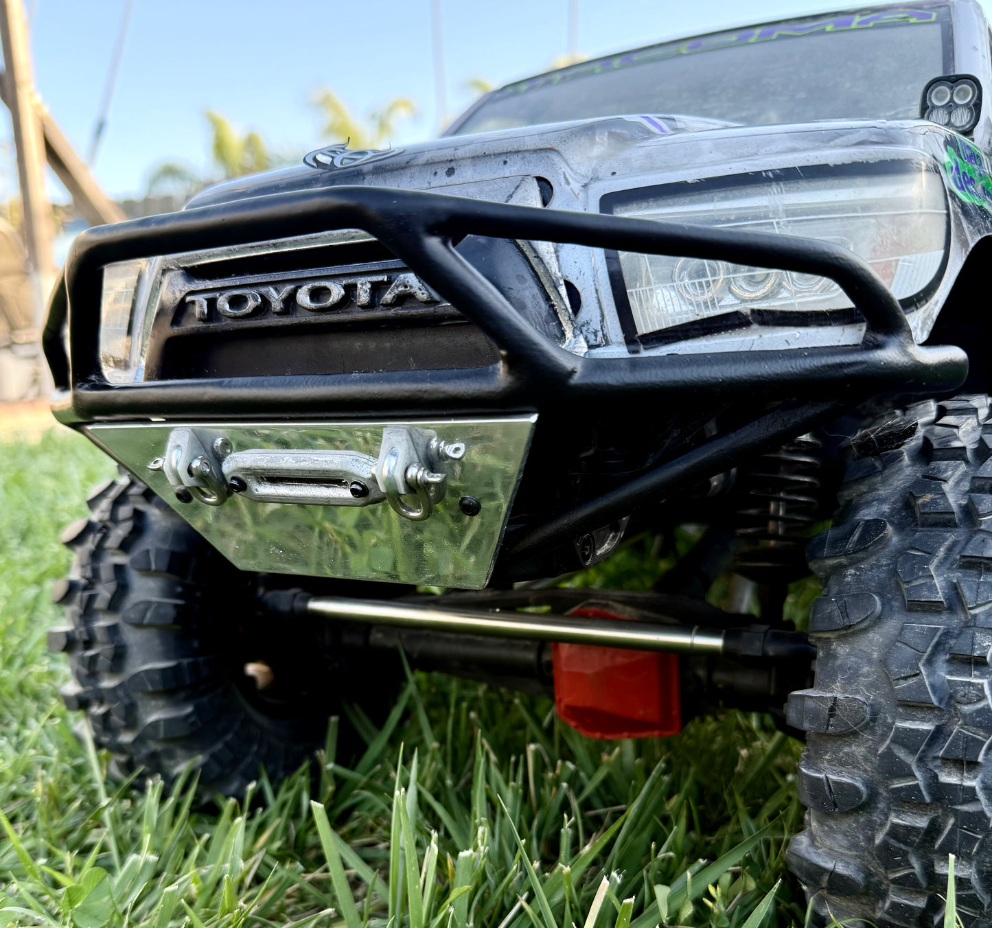 Bumper for Axial SCX6  powder coated solid steel with polished aluminum skid plate front prerunner style bumper with d ring mounts and fairlead opening